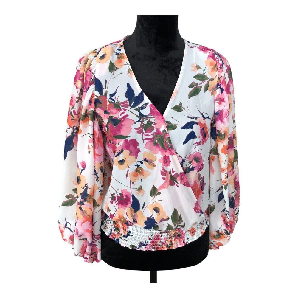 NWT CeCe Deep V-Neck‎ Puff Sleeve Romantic Cottage Core Smocked Waist Top XS